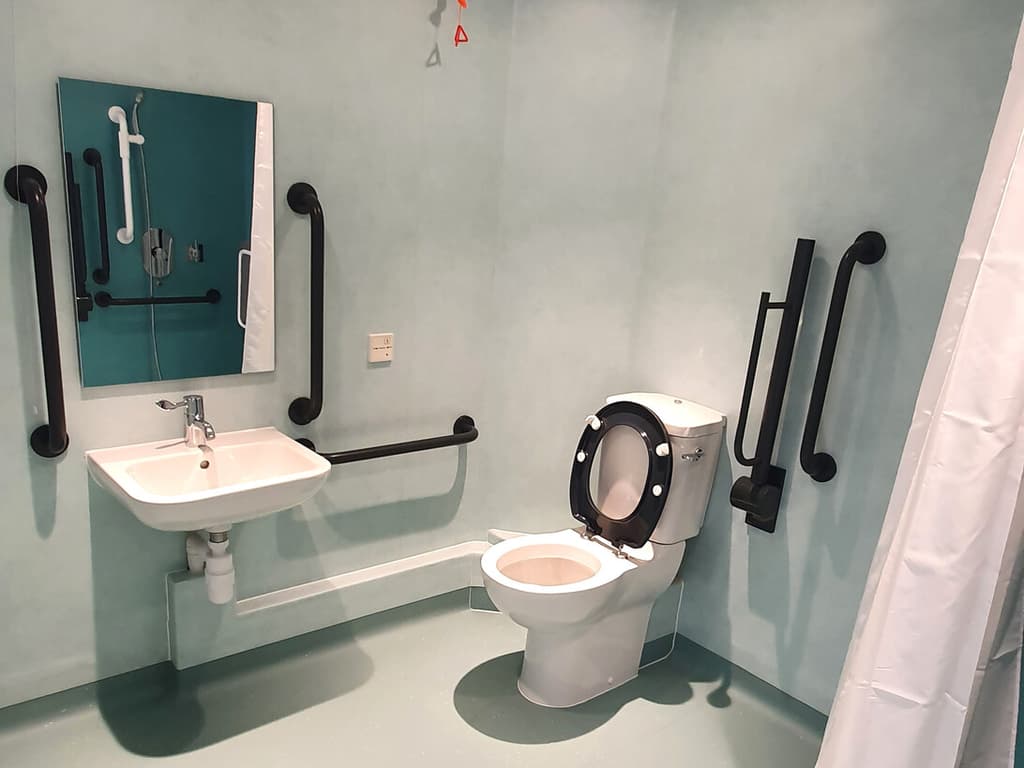 Accessible bathroom completed with carefully positioned support rails and sanitary fittings