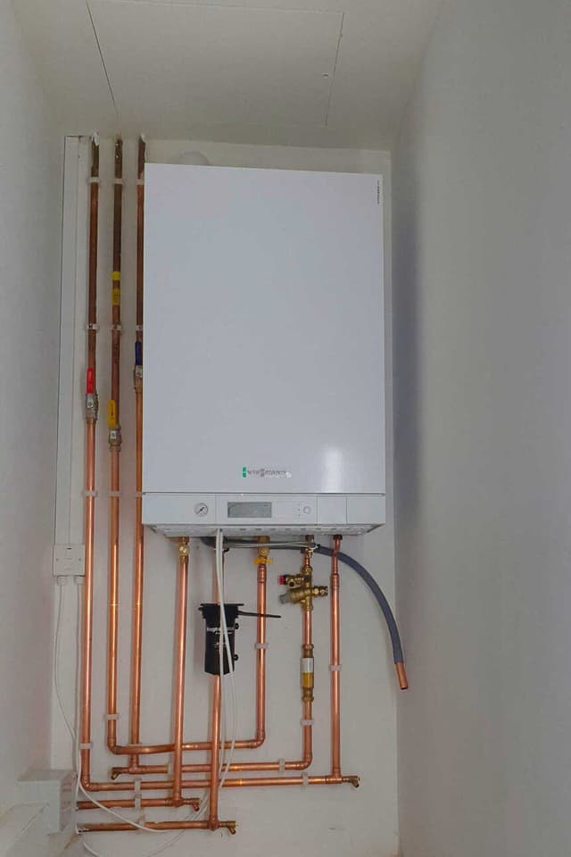 Wall-mounted boiler with connected copper pipes